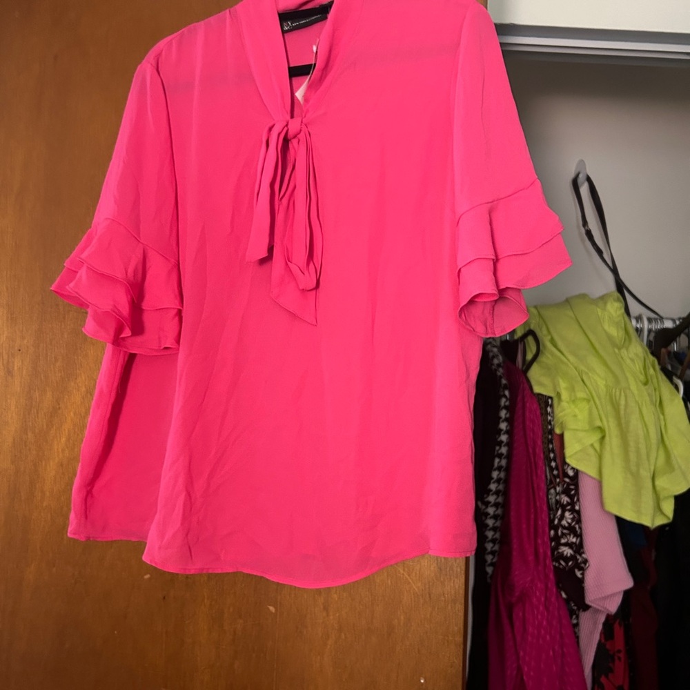New York & Company Hot Pink Tie-Neck Ruffle Sleeve Blouse - Picture 6 of 6